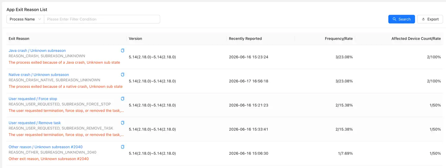App exit reason list